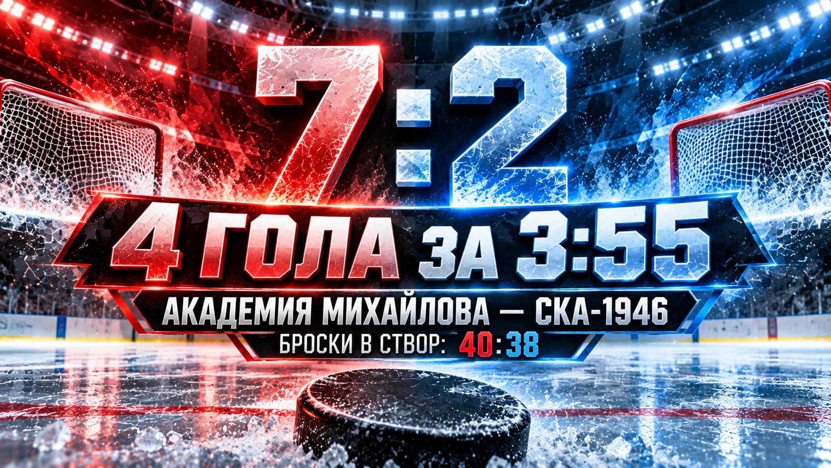 Изображение к новости: Четыре шайбы за 3:55: как «Академия Михайлова» разгромила СКА-1946 при почти равных бросках